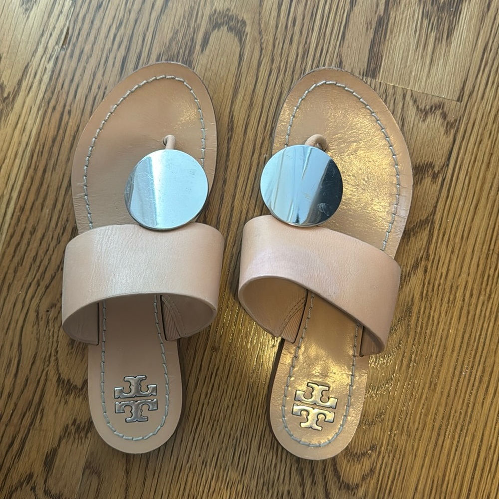 Tory Burch Paris Gold Disk Sandal in tan leather